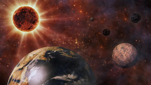 Planeta Tierra, el Sol, la Luna y los Planetas en el Espacio 3D Visualización —  Fotos de Stock