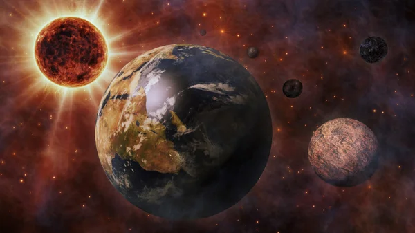Ziemi, słońca, Księżyca i planet w przestrzeni 3d renderowania — Zdjęcie stockowe