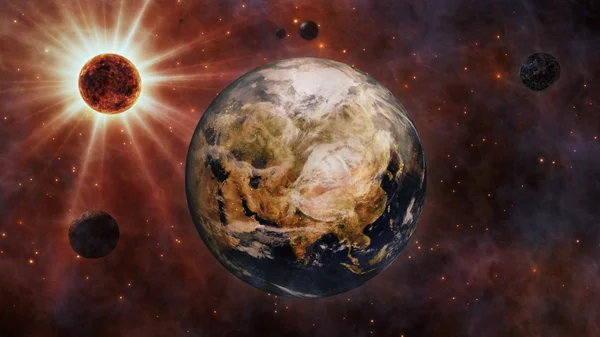 Planeta Tierra, el Sol, la Luna y los Planetas en el Espacio 3D Visualización —  Fotos de Stock