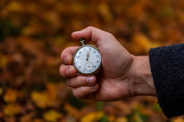 Vintage Pocket watch in man's hand against the background of autumn dried brown leaves