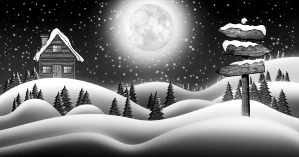 Santa Clause House Snow Fields Zimową Noc Bożego Narodzenia Kierunkowym — Zdjęcie stockowe