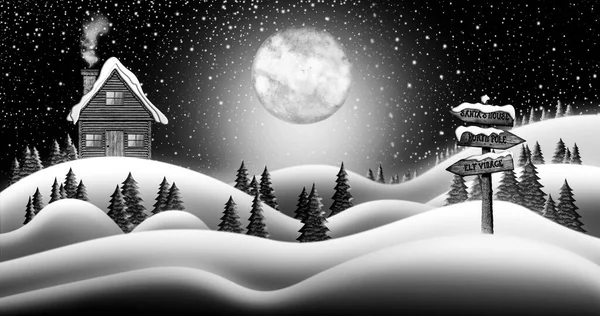 Santa Clause House Snow Fields Zimową Noc Bożego Narodzenia Kierunkowym — Zdjęcie stockowe