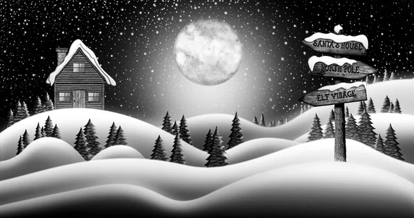 Kerstman Huis Sneeuw Velden Winter Kerstavond Met Richtingaanwijzer Leidt Naar — Stockfoto