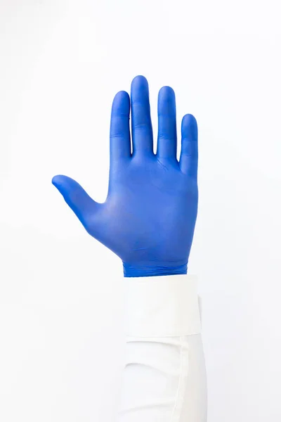 Kéz Kézben Kék Latex Kesztyű Stop Tábla Fehér Háttér Fénymásolási — Stock Fotó