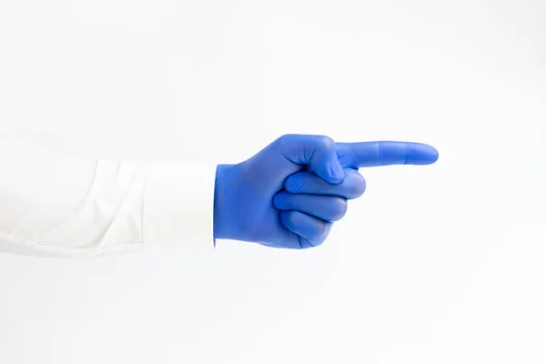 Orvos Kék Latex Kesztyűt Mutatóujjat Visel Fehér Háttér Fénymásolási Hely — Stock Fotó