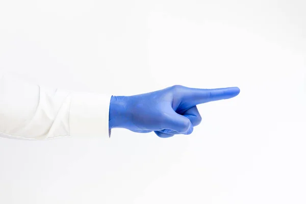 Doctor Vistiendo Guante Látex Azul Señalando Dedo Índice Fondo Blanco — Foto de Stock