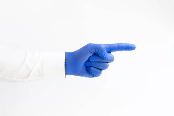 Doctor Vistiendo Guante Látex Azul Señalando Dedo Índice Fondo Blanco — Foto de Stock