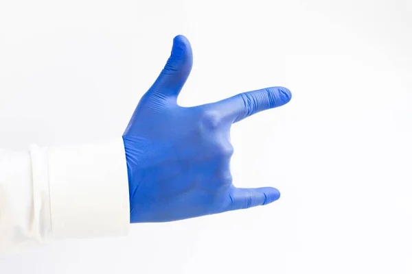 Kéz Kézben Kék Latex Kesztyű Devil Jel Nehézfém — Stock Fotó