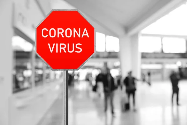 Koronavirüsü Durdurun Havaalanında Coronavirus Dur Işareti Seyahat Kısıtlamaları — Stok fotoğraf