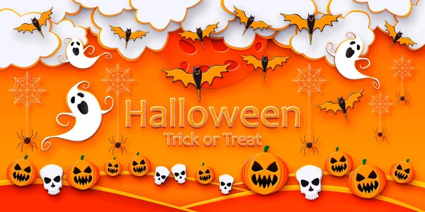 Feliz Halloween Jack Linterna Murciélagos Fantasmas Arañas Cráneos Noche Espeluznante —  Fotos de Stock