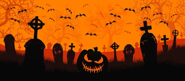 Glad Halloweenfana Halloween Pumpa Och Fladdermöss Kyrkogården Illustration — Stockfoto