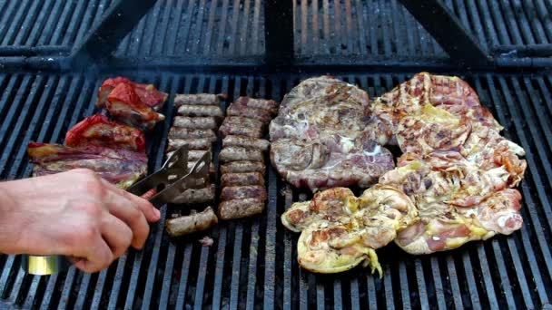 Asar la carne sobre las brasas en la barbacoa vol2 — Vídeos de Stock