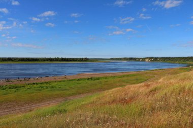 Sahilden açık alanlara geniş ve uzun nehirli panoramik görüntüler, çayırlar ve güneşli bir günde denize yakın tekneleri olan turistler. Mavi bir gökyüzü.