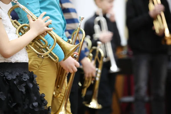 Gruppo Bambini Studenti Giovani Musicisti Ragazzi Ragazze Con Strumenti Musicali — Foto Stock
