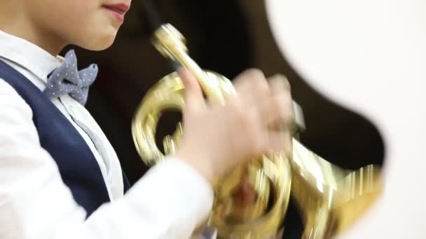 Menino Músico Criança Uma Camisa Branca Uma Gravata Bolinha Arco — Vídeo de Stock