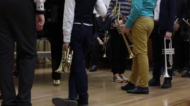 Een Groep Jonge Muzikanten Van Schoolkinderen Met Muziekinstrumenten Trompetten Staan — Stockvideo