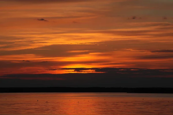 Céu Noturno Vermelho Pôr Sol Sobre Água Lago Laranja Fundo — Fotografia de Stock