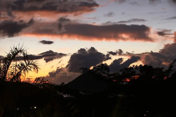 Fire Clouds Sky Mountains Tropical Landscape Sunset — Foto de Stock