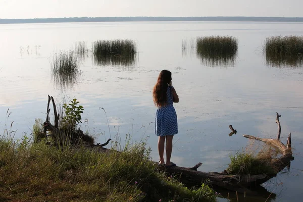 Portret Van Een Vrouw Met Lang Haar Natuur Zomer Aan — Stockfoto