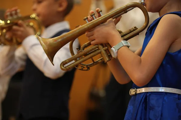 Dzieci Grające Trąbce Mała Dziewczynka Chłopiec Trzymać Instrument Muzyczny Rękach — Zdjęcie stockowe