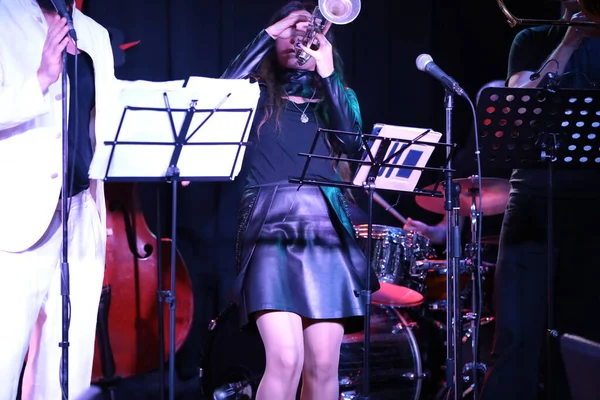 Person with microphone playing jazz band group of musicians performers with musical instrument on stage during a concert in a nightclub.Background music