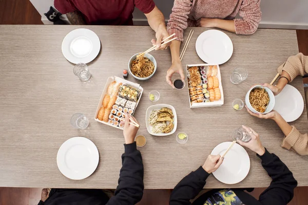 Sushi. Top view of group of people have eating food of Japanese food