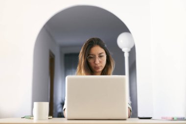 Evde dizüstü bilgisayarla çalışan bir kadının ön görüntüsü..