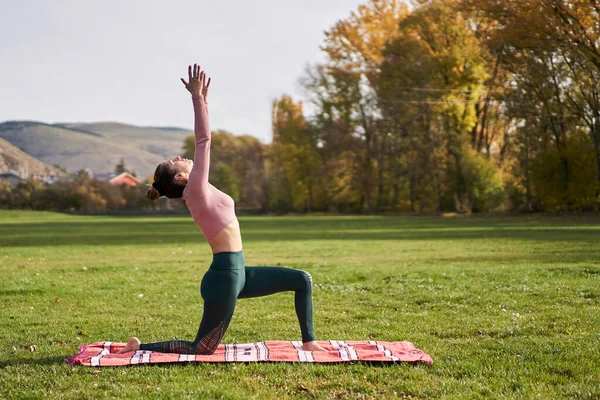 Woman Practicing Yoga Park Relaxing Nature — Stock Photo, Image