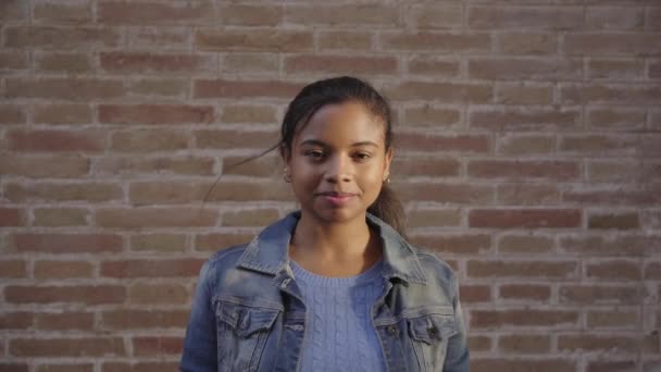 Retrato Una Mujer Negra Afroamericana Mirando Cámara Sonriendo Frente Una — Vídeo de stock