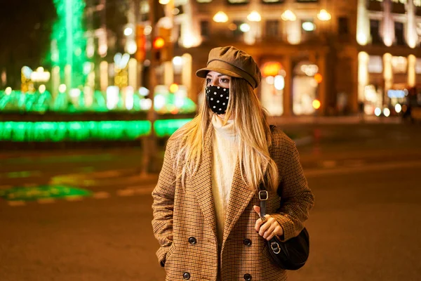 Young Blonde Girl Mask Looking Side She City Night Winter — Stock Photo, Image