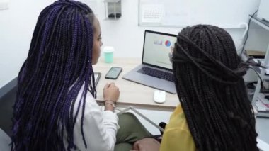 Ofiste çalışan iki Afrikalı Amerikalı kadın. Laptop ve tabletteki analitik veriler gözden geçiriliyor.