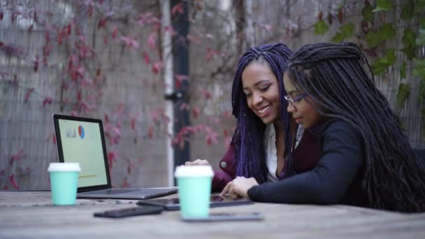 Dvě Afroameričanky Sedí Venku Terase Pracují Laptopu Koncepce Týmové Práce — Stock video