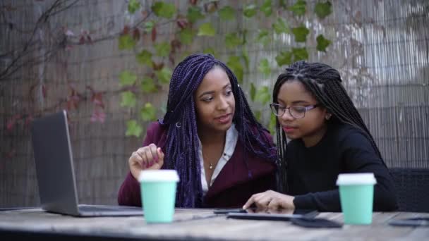 两名非裔美国妇女坐在外面的阳台上 一边喝咖啡 一边在各种电子设备上工作 笔记本电脑 平板电脑 智能手机 团队精神概念 — 图库视频影像