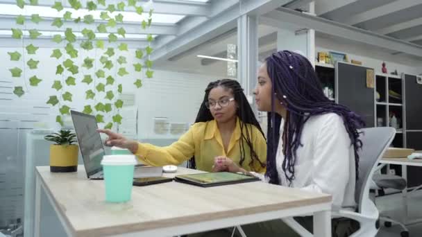 Två Unga Kvinnor Kontoret Arbetar Tillsammans Från Datorn — Stockvideo