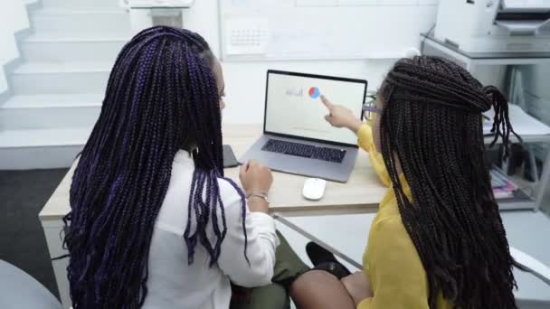 Duas Jovens Negras Trabalhar Escritório Revisão Dados Analíticos Vários Dispositivos — Vídeo de Stock