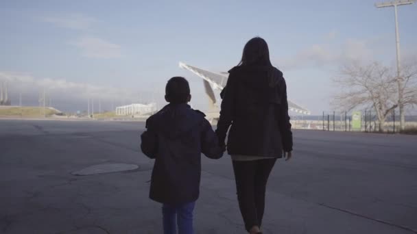Vista Trasera Una Madre Soltera Caminando Con Hijo Cogido Mano — Vídeos de Stock