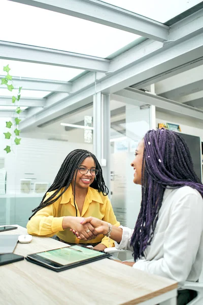 Tiro Vertical Mujeres Negocios Felices Satisfechas Estrechando Mano Después Negociaciones —  Fotos de Stock