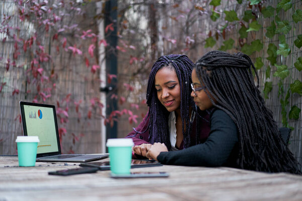 Two African American women sitting on a terrace outside working on the laptop. Concept of teamwork.