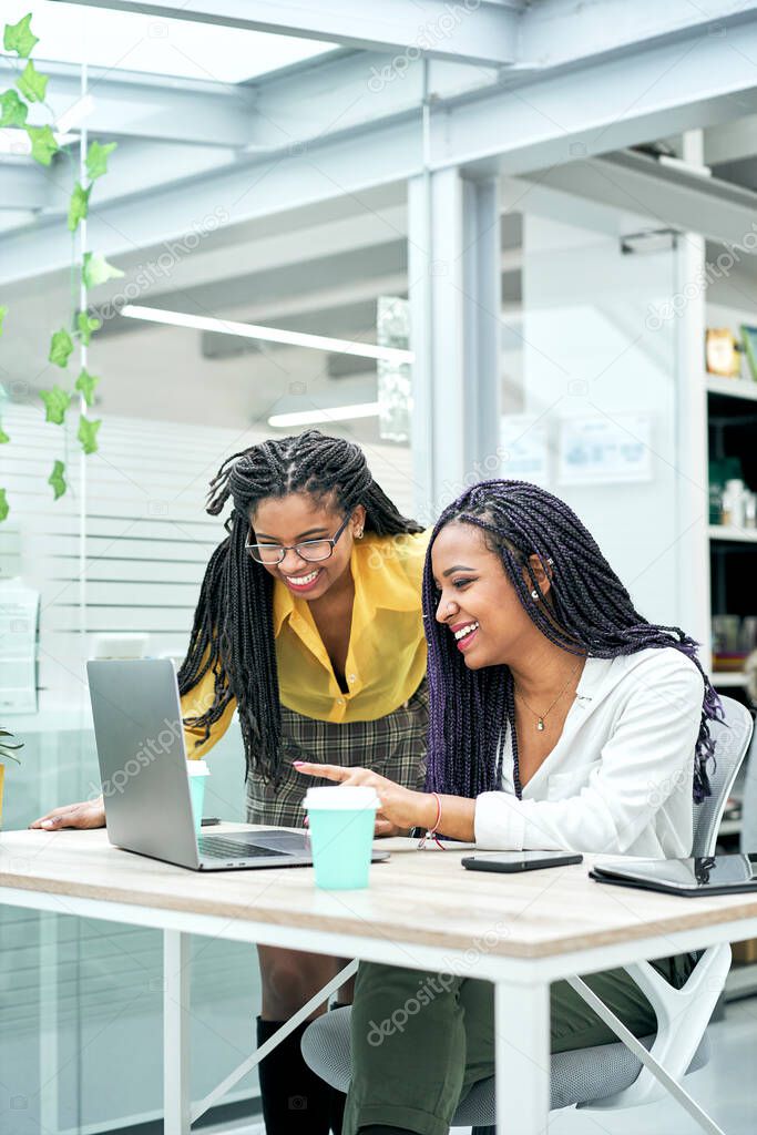 Vertical shot of two casual business women at work.