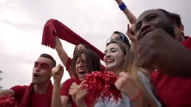 Grupp av människor av olika raser följer fotbollsmatchen i läktaren. Män och kvinnor firar ett mål klädda i sina lag kit. — Stockvideo