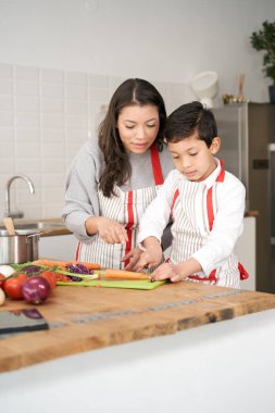 Anne ona dikkatle bakarken çocuk sebze kesmeyi öğrenir. Latin halk tipik Latin Amerika yemekleri yapıyor. Anne ve oğul birlikte yemek pişiriyorlar..