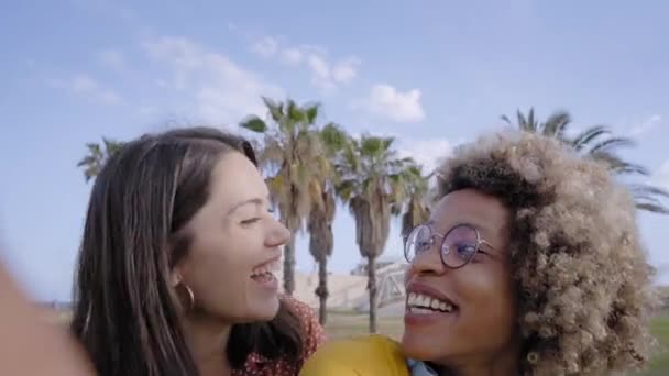 Wideo dwóch młodych kobiet. wesoły wieloetniczny gej para śmiać się online z telefon komórkowy. — Wideo stockowe