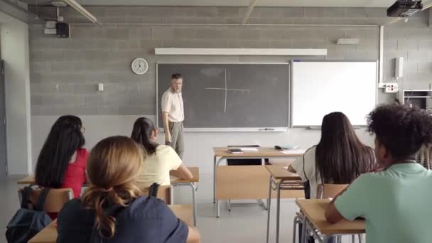 Vue de l'arrière de la salle de classe. Un enseignant d'âge moyen donne des leçons à ses élèves. Éducation, apprentissage, culture. — Video