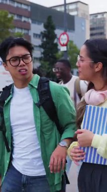 Dikey. Çok ırklı, neşeli, dışarıda yürüyüp konuşan bir grup genç öğrenci. Sırt çantalı ve kitaplı çeşitli üniversite arkadaşları dersten sonra kampüs parkında yürüyorlar.