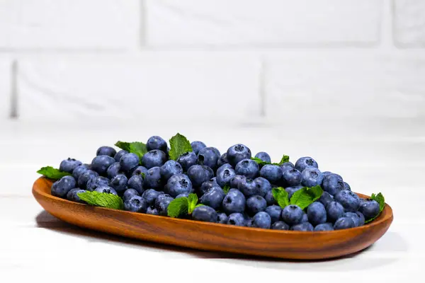 Blueberries Green Mint Leaf Wooden Bowl White Top View Summer — Stock Photo, Image