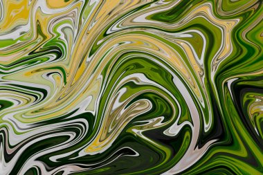 Modern renkli sıvı sanat arka planı. Dalga rengi Sıvı şekil. Siyah, yeşil ve turuncu renkler. Soyut tasarım, Akış Arkaplanı.