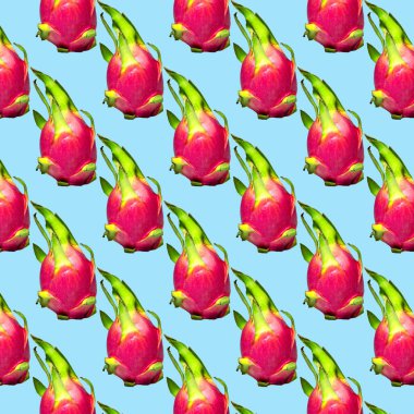Mavi arka planda Ejder Meyvesi Pitaya desensiz desen, Yaratıcı Gıda Konsepti, Yassı.
