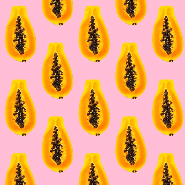Papaya Fruit Nahtloses Muster Auf Rosa Hintergrund Flache Lage Draufsicht — Stockfoto