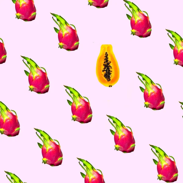 Dragon Fruit Pitaya Und Papaya Nahtlose Muster Auf Rosa Hintergrund — Stockfoto