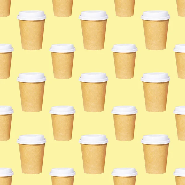 A lot of paper eco cup with coffee to go on orange background, Fast food, Seamless Pattern.